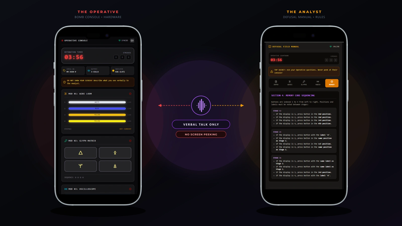 Operation: CrossTalk showing separate Operative and Analyst screens on two phones