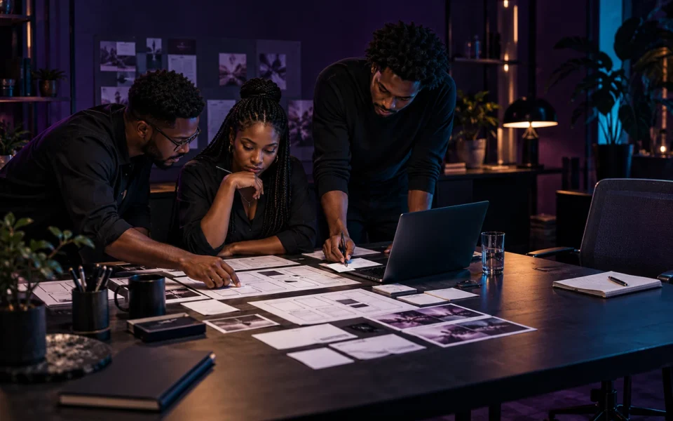 Three digital professionals comparing website plans around a dark studio table